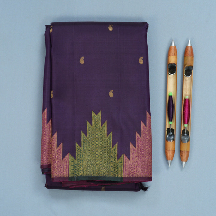 Hayagrivas Handloom Brinjal Purple Kanjivaram Silk Saree with Temple Border KBF822H11-1