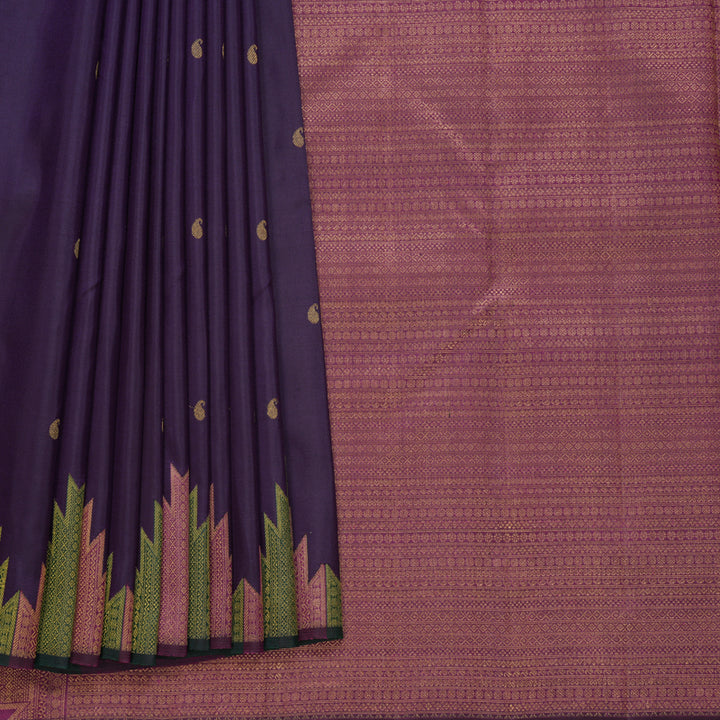 Hayagrivas Handloom Brinjal Purple Kanjivaram Silk Saree with Temple Border KBF822H11-1
