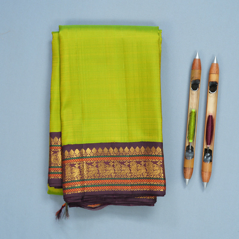 Hayagrivas Handloom Fluorescent Green Kanjivaram Silk Saree with Burgundy Border KBF822H12-1