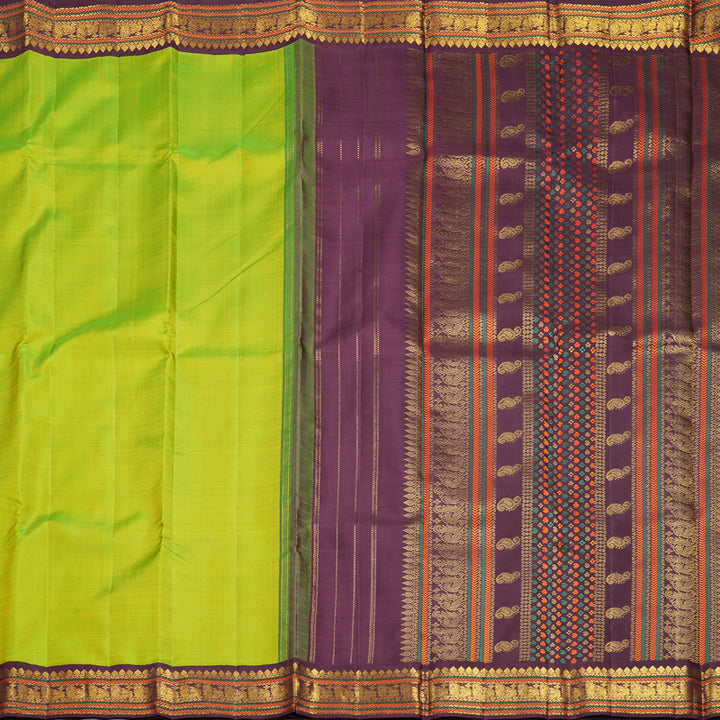Hayagrivas Handloom Fluorescent Green Kanjivaram Silk Saree with Burgundy Border KBF822H12-1