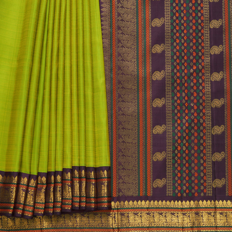 Hayagrivas Handloom Fluorescent Green Kanjivaram Silk Saree with Burgundy Border KBF822H12-1