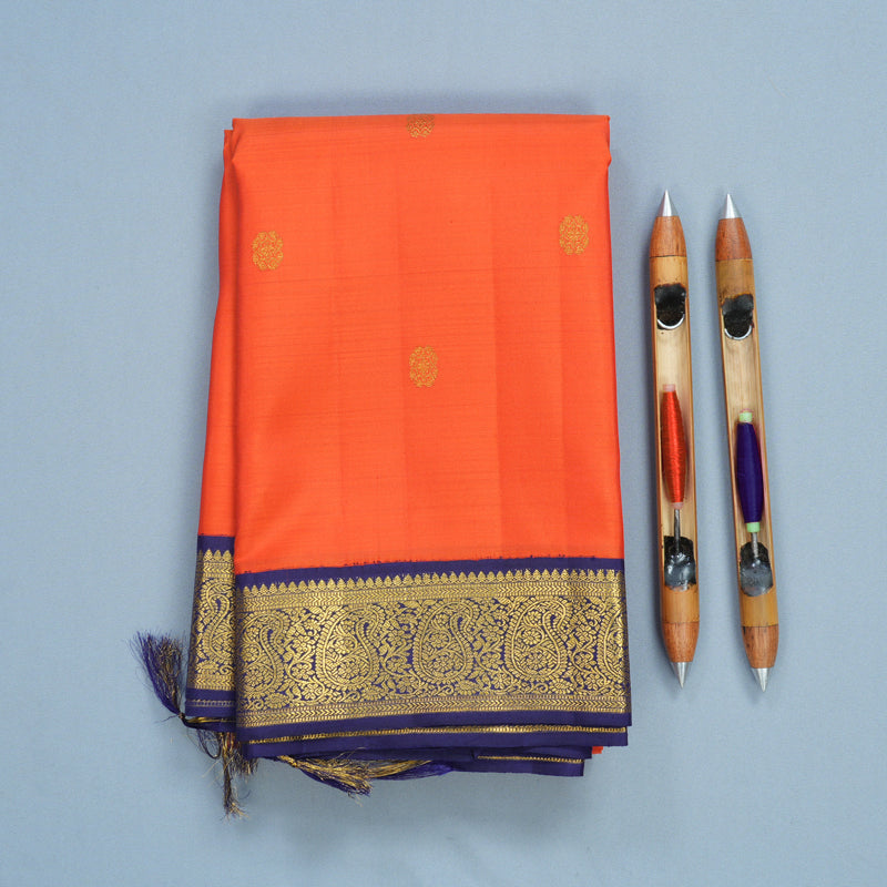 Hayagrivas Handloom Reddish-Orange Kanjivaram Silk Saree with Violet Border KBF822H3-1