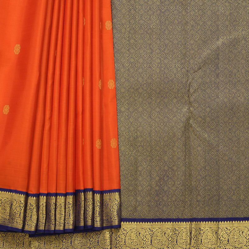Hayagrivas Handloom Reddish-Orange Kanjivaram Silk Saree with Violet Border KBF822H3-1