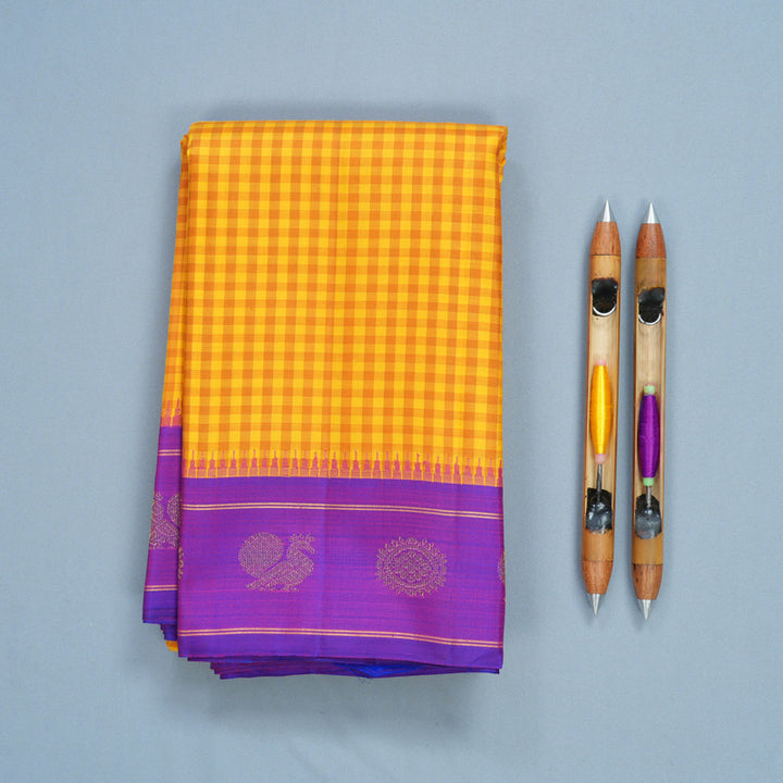 Hayagrivas Handloom Mustard Yellow Checks Kanjivaram Silk Saree with Purple Border KBF822H5-1