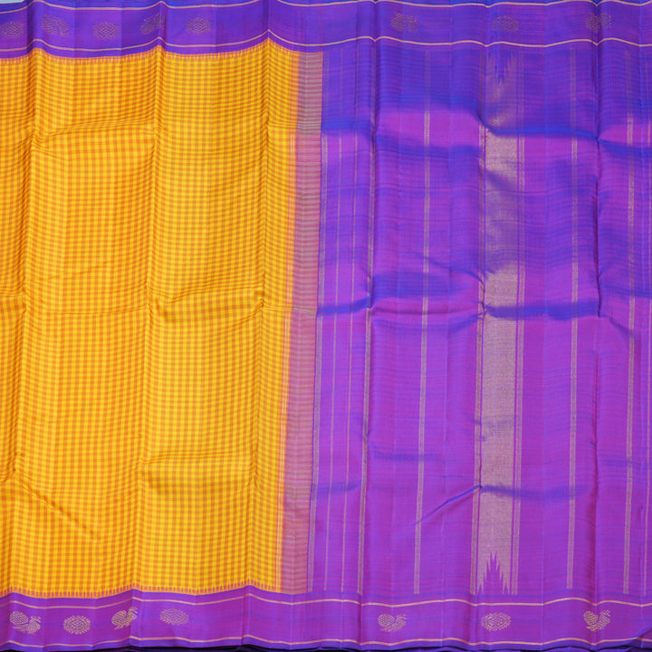 Hayagrivas Handloom Mustard Yellow Checks Kanjivaram Silk Saree with Purple Border KBF822H5-1