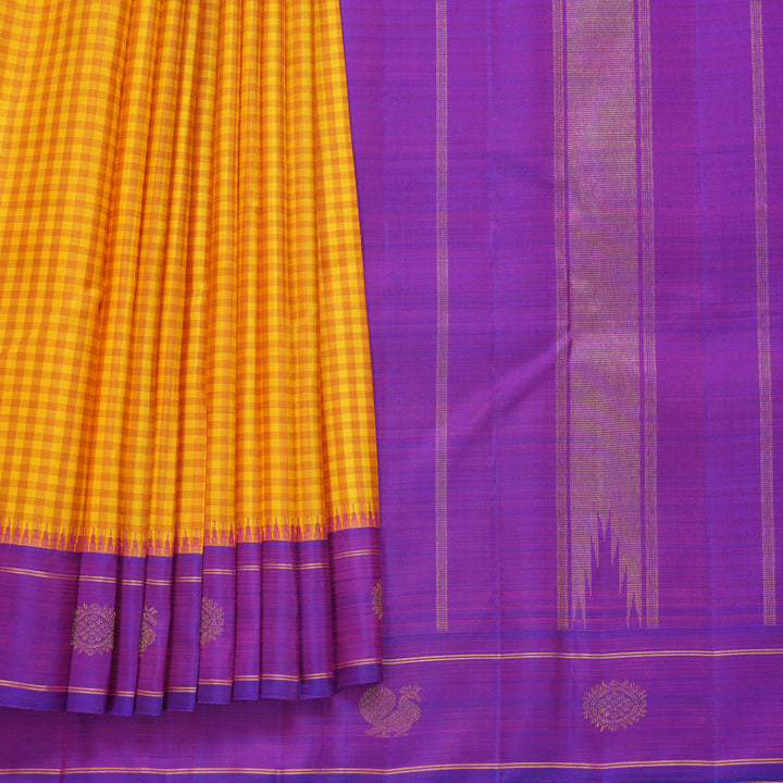 Hayagrivas Handloom Mustard Yellow Checks Kanjivaram Silk Saree with Purple Border KBF822H5-1
