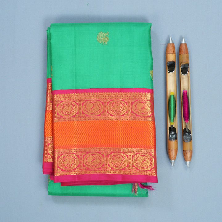 Hayagrivas Handloom Parrot Green Kanjivaram Silk Saree with Pink Border KBF824H11-1