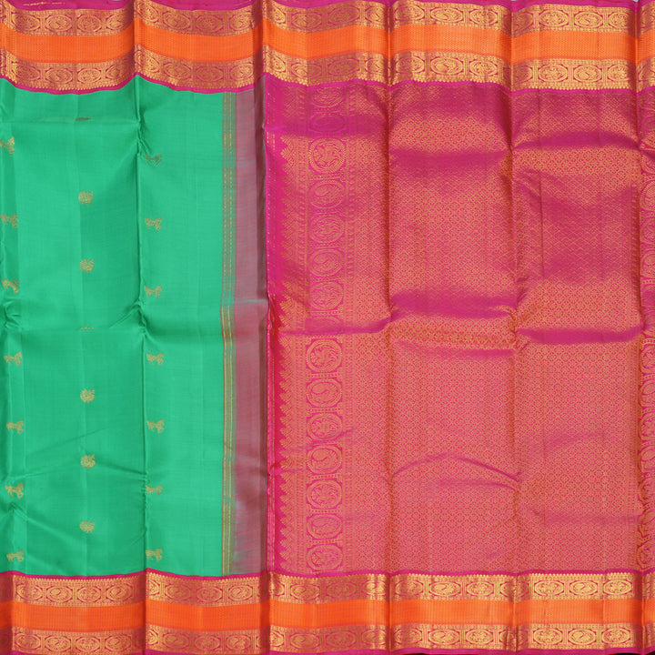 Hayagrivas Handloom Parrot Green Kanjivaram Silk Saree with Pink Border KBF824H11-1