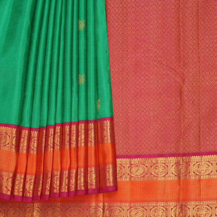 Hayagrivas Handloom Parrot Green Kanjivaram Silk Saree with Pink Border KBF824H11-1