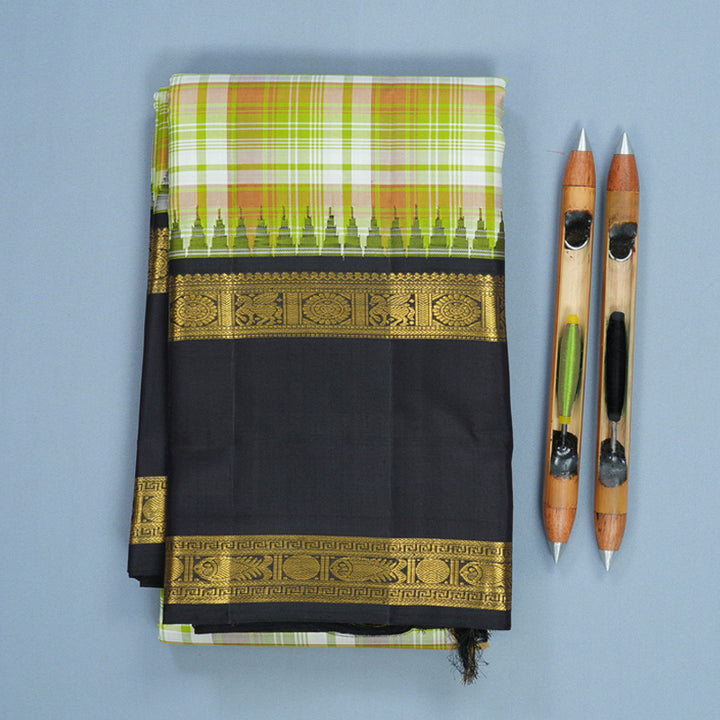 Hayagrivas Handloom Multicolour Checks Kanjivaram Silk Saree with Black Border KBF824H12-1