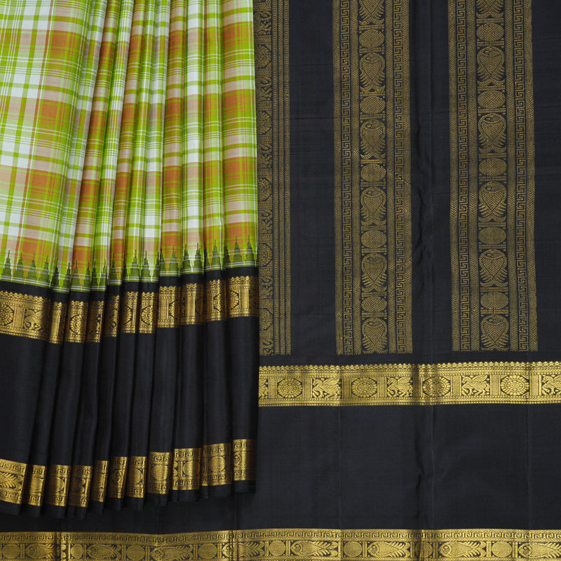 Hayagrivas Handloom Multicolour Checks Kanjivaram Silk Saree with Black Border KBF824H12-1