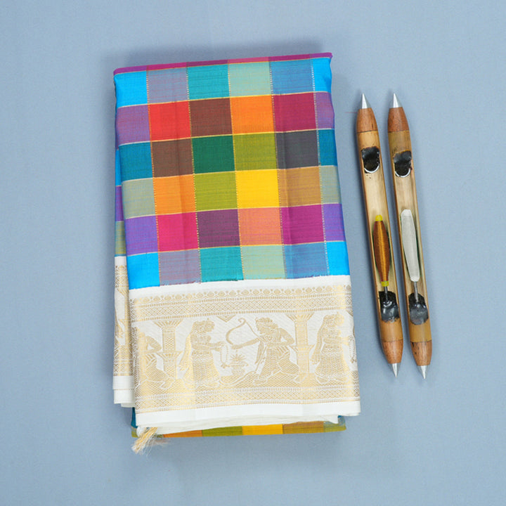 Hayagrivas Handloom Multicolour Checks Kanjivaram Silk Saree with Half-White Border KBF824H14-1