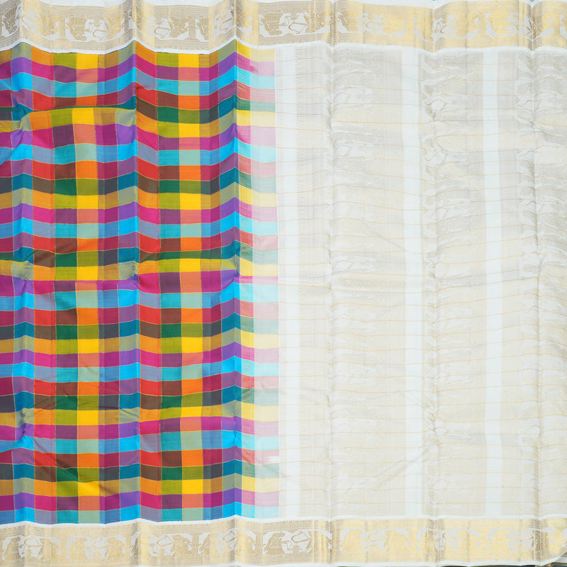 Hayagrivas Handloom Multicolour Checks Kanjivaram Silk Saree with Half-White Border KBF824H14-1