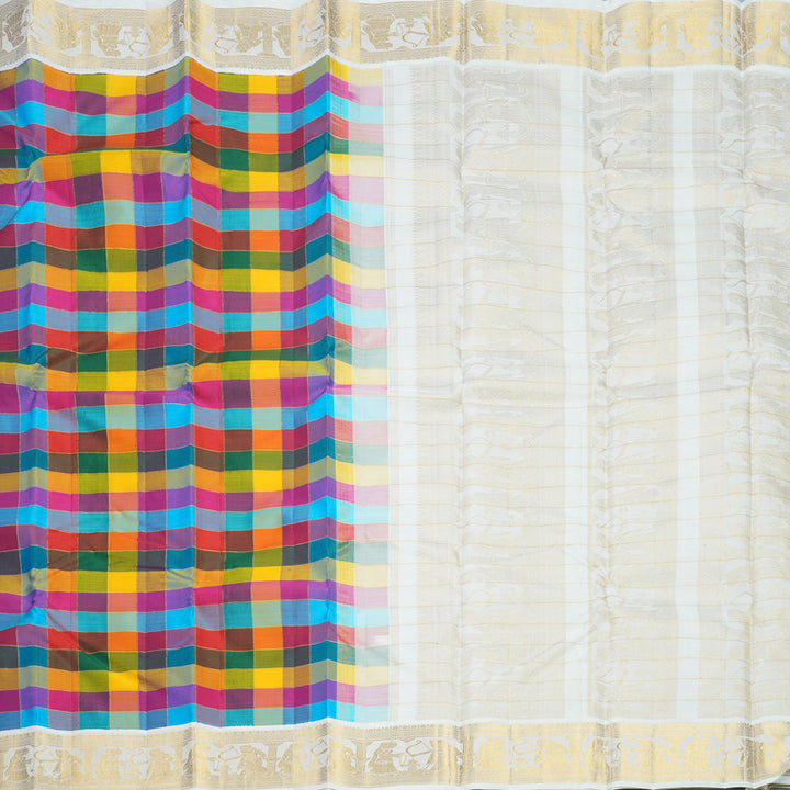 Hayagrivas Handloom Multicolour Checks Kanjivaram Silk Saree with Half-White Border KBF824H14-1