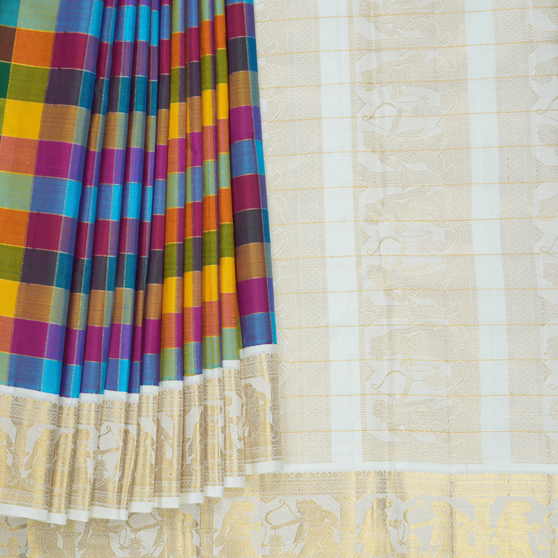 Hayagrivas Handloom Multicolour Checks Kanjivaram Silk Saree with Half-White Border KBF824H14-1