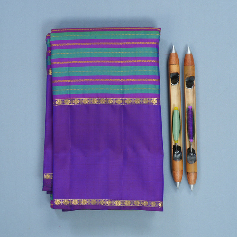 Hayagrivas Handloom Blue &amp; Purple Striped Kanjivaram Silk Saree with Purple Border KBF824H2-1