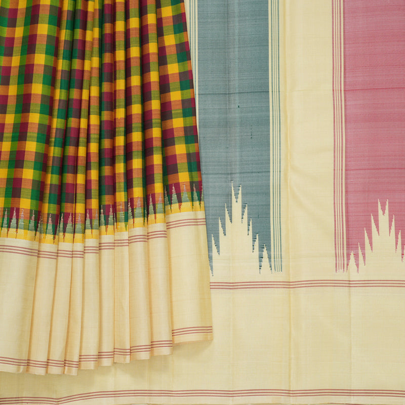 Hayagrivas Handloom Multicolour Checks Kanjivaram Silk Saree with Sandal Border KBF824H5-1