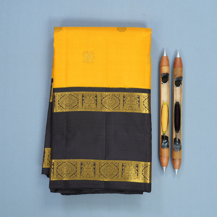 Hayagrivas Handloom Yellow Kanjivaram Silk Saree with Kanchana Brown Border KBF824H9-1