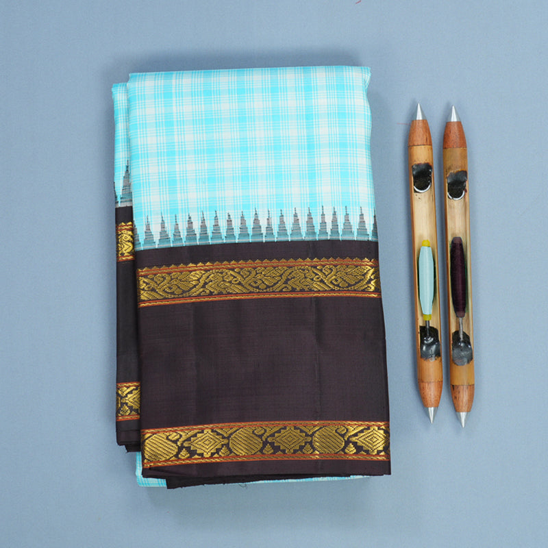 Hayagrivas Handloom Sky Blue &amp; White Checks Kanjivaram Silk Saree with Deep Wine Border KBF824H9-3