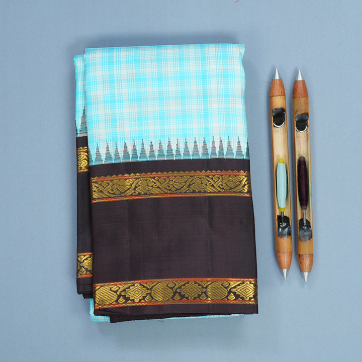 Hayagrivas Handloom Sky Blue &amp; White Checks Kanjivaram Silk Saree with Deep Wine Border KBF824H9-3