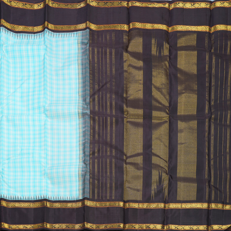Hayagrivas Handloom Sky Blue &amp; White Checks Kanjivaram Silk Saree with Deep Wine Border KBF824H9-3