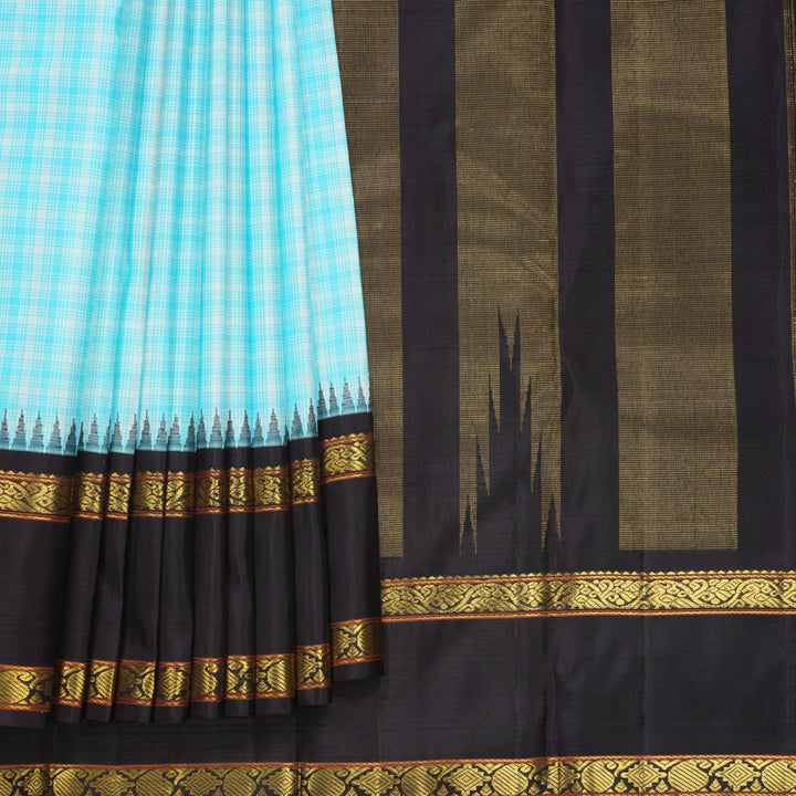 Hayagrivas Handloom Sky Blue &amp; White Checks Kanjivaram Silk Saree with Deep Wine Border KBF824H9-3