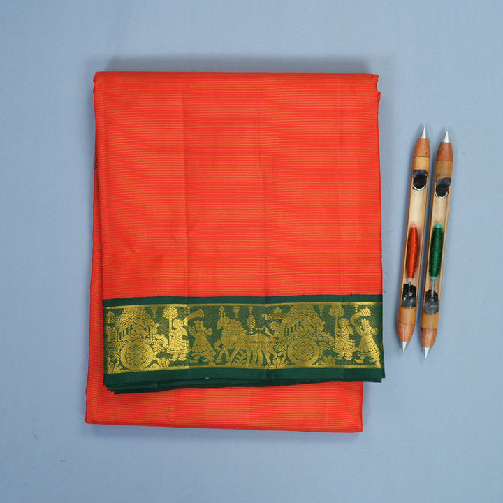 Hayagrivas Handloom Reddish-Orange Ten Yards Silk Saree KBF826H9-1