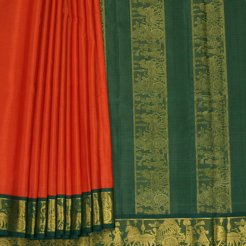 Hayagrivas Handloom Reddish-Orange Ten Yards Silk Saree KBF826H9-1