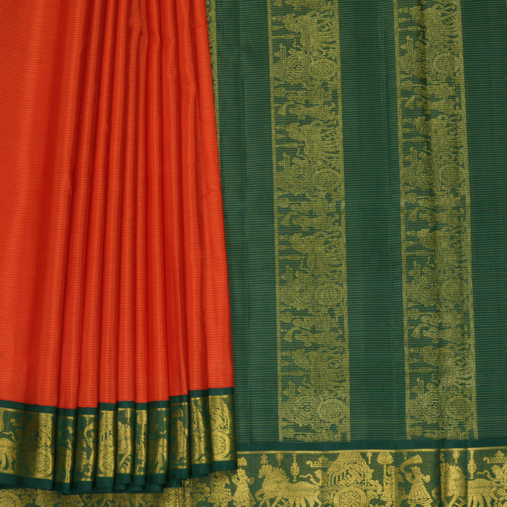 Hayagrivas Handloom Reddish-Orange Ten Yards Silk Saree KBF826H9-1