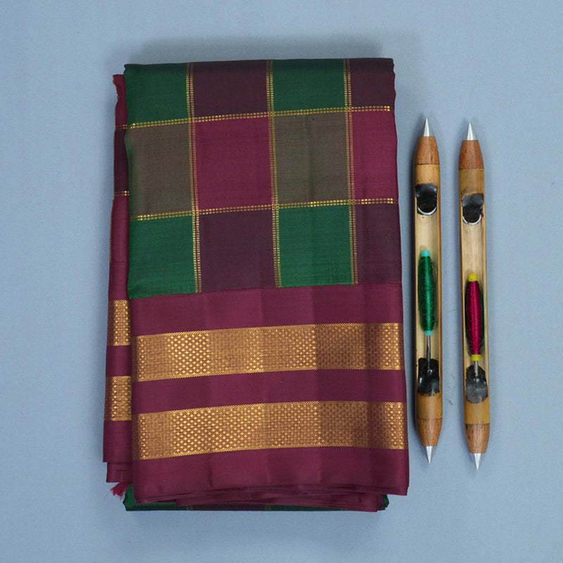 Hayagrivas Handloom Bottle Green &amp; Maroon Checks Kanjivaram Silk Saree KBF829H1-1