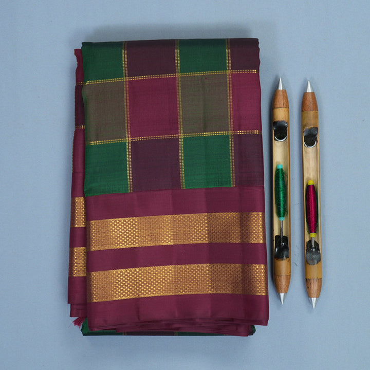 Hayagrivas Handloom Bottle Green &amp; Maroon Checks Kanjivaram Silk Saree KBF829H1-1
