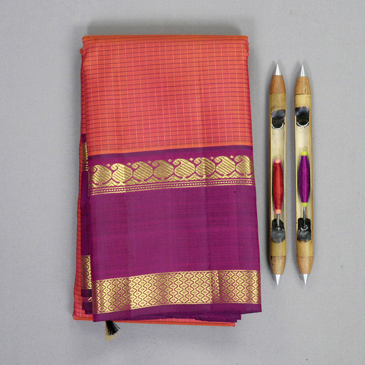 Hayagrivas Handloom Orangish-Pink Kanjivaram Silk Saree with Purple Border KBF830H4-1