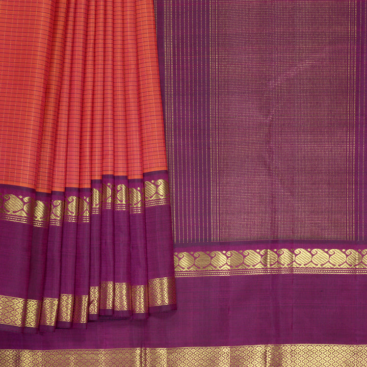 Hayagrivas Handloom Orangish-Pink Kanjivaram Silk Saree with Purple Border KBF830H4-1