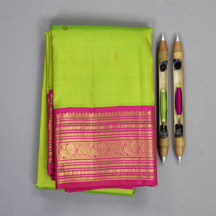 Hayagrivas Handloom Fluorescent Green Kanjivaram Silk Saree with Rani Pink Border KBF830H5-1