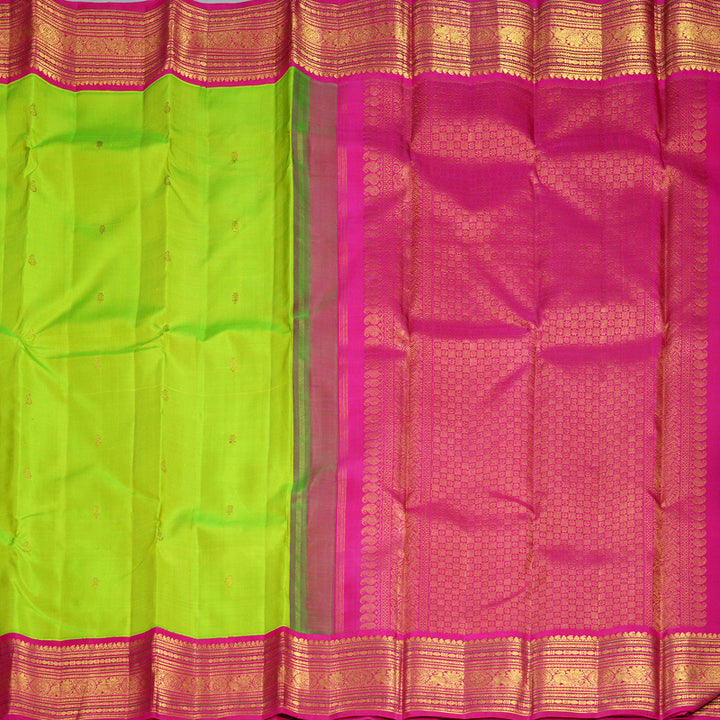 Hayagrivas Handloom Fluorescent Green Kanjivaram Silk Saree with Rani Pink Border KBF830H5-1