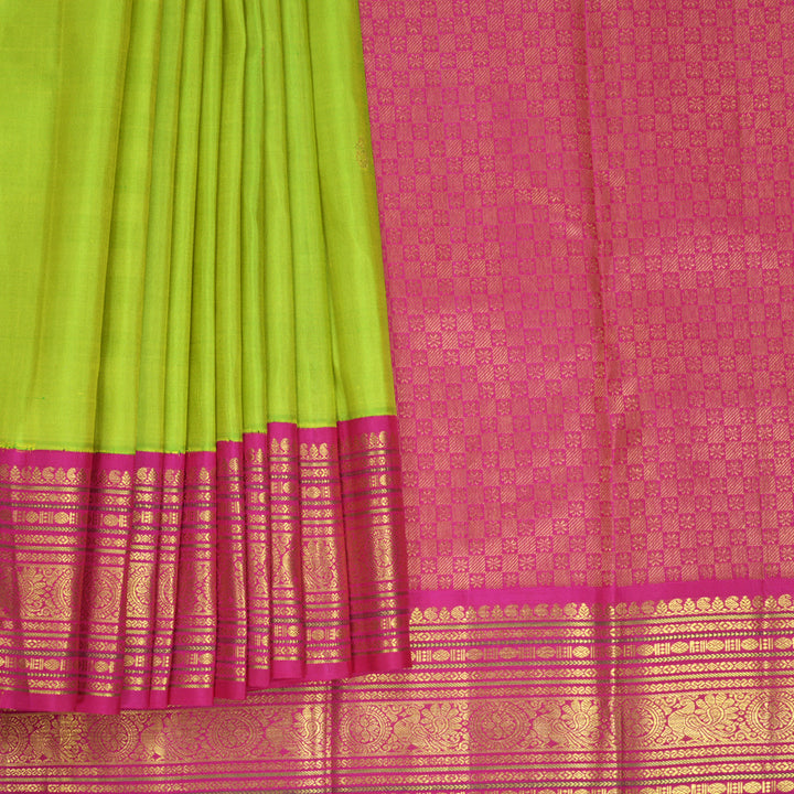 Hayagrivas Handloom Fluorescent Green Kanjivaram Silk Saree with Rani Pink Border KBF830H5-1