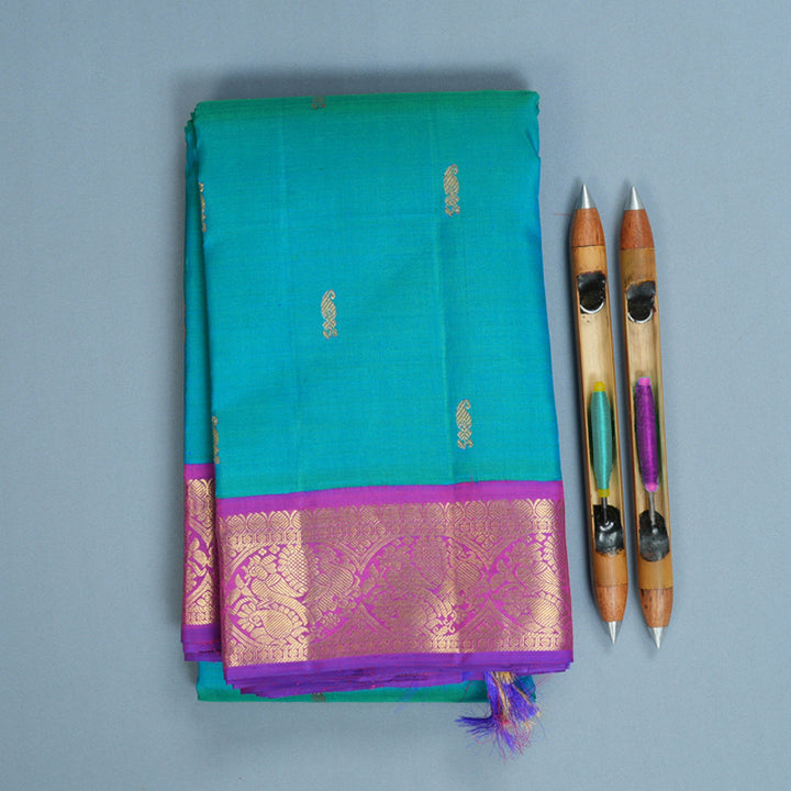 Hayagrivas Handloom Blue-Green Kanjivaram Silk Saree with Purple Border KBF831H4-1