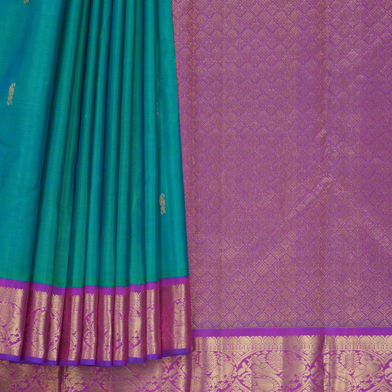 Hayagrivas Handloom Blue-Green Kanjivaram Silk Saree with Purple Border KBF831H4-1
