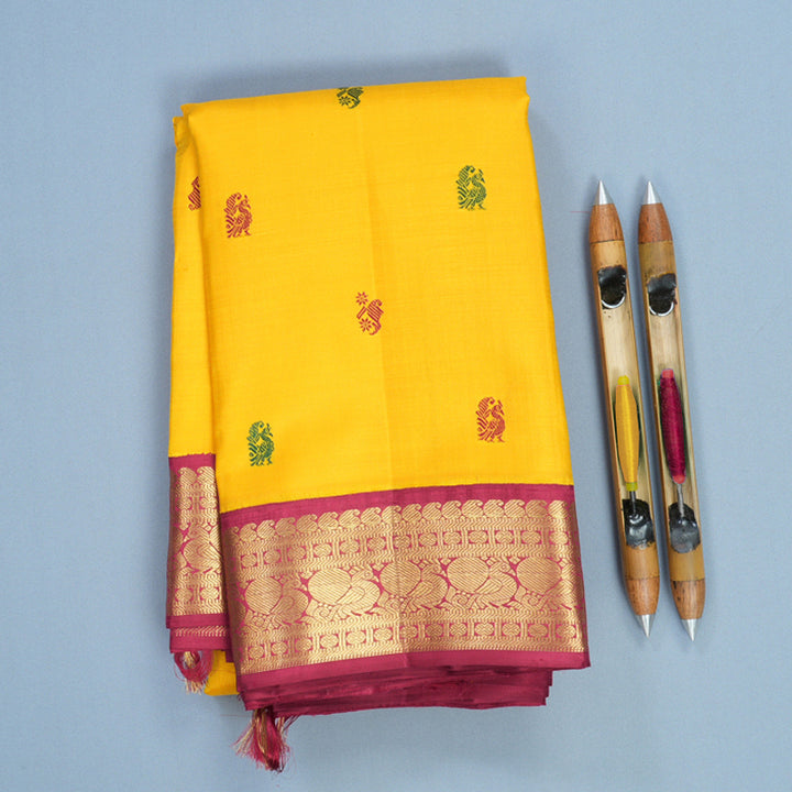 Hayagrivas Handloom Mango Yellow Kanjivaram Silk Saree with Maroon Border KBF831H4-2