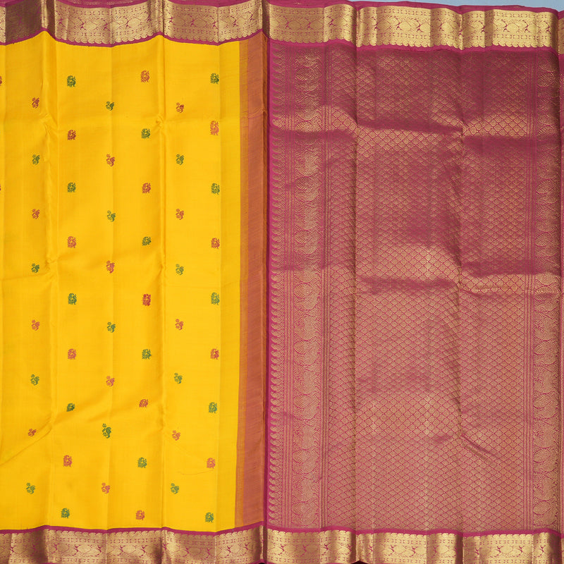 Hayagrivas Handloom Mango Yellow Kanjivaram Silk Saree with Maroon Border KBF831H4-2
