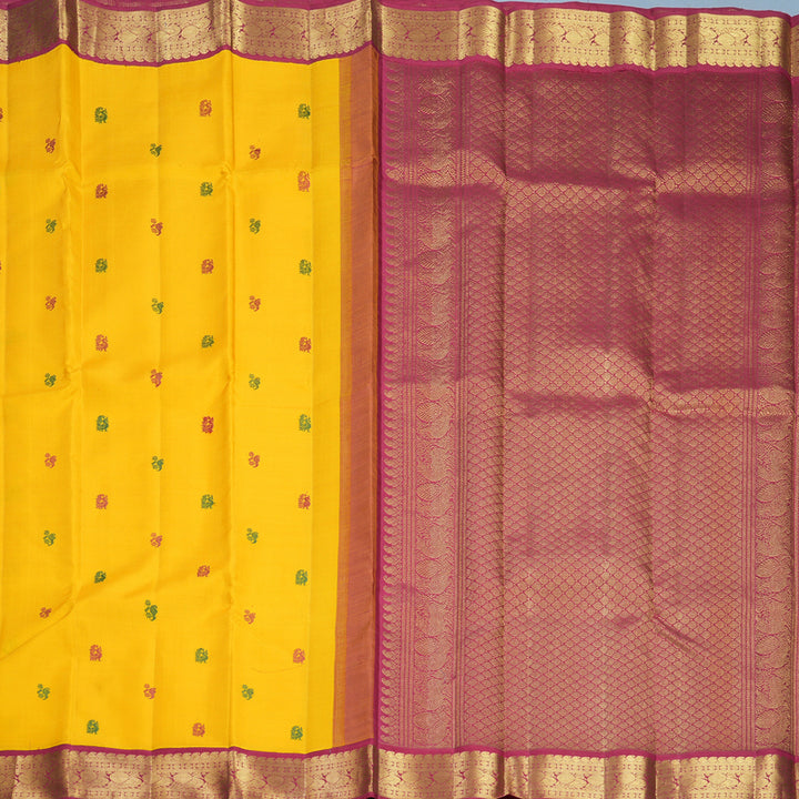 Hayagrivas Handloom Mango Yellow Kanjivaram Silk Saree with Maroon Border KBF831H4-2