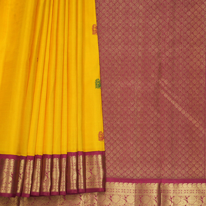 Hayagrivas Handloom Mango Yellow Kanjivaram Silk Saree with Maroon Border KBF831H4-2