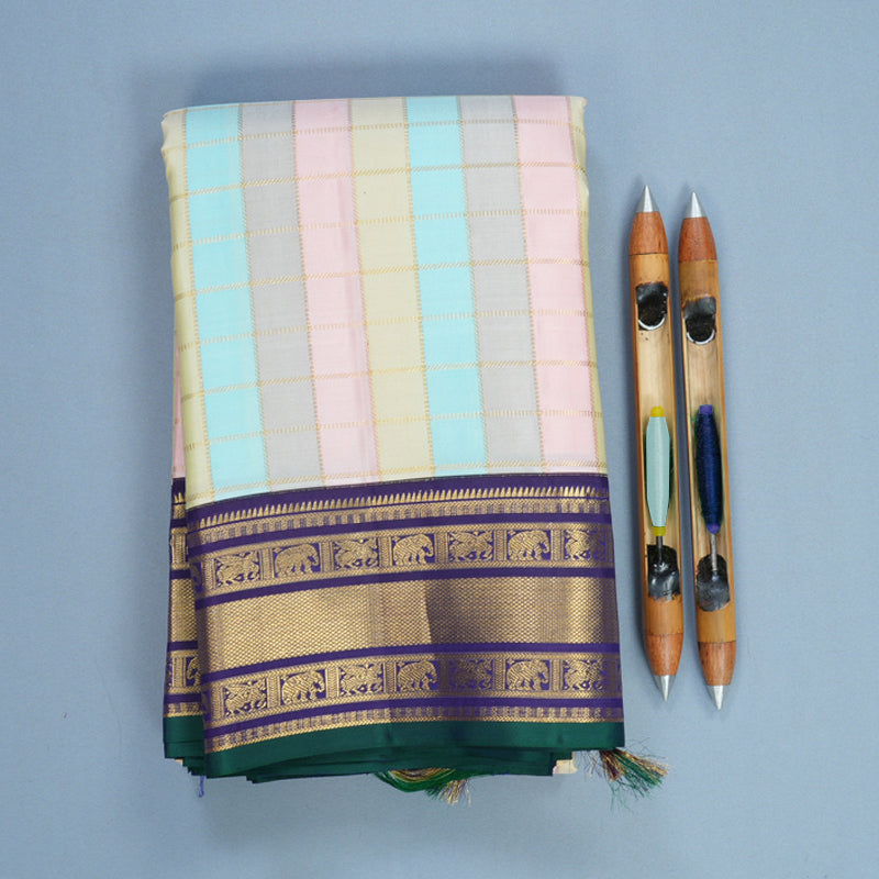 Hayagrivas Handloom Pastel Checks Kanjivaram Silk Saree with Purple Border KBF832H5-1