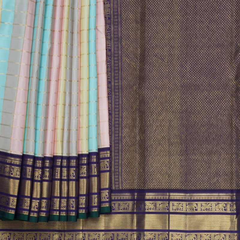 Hayagrivas Handloom Pastel Checks Kanjivaram Silk Saree with Purple Border KBF832H5-1