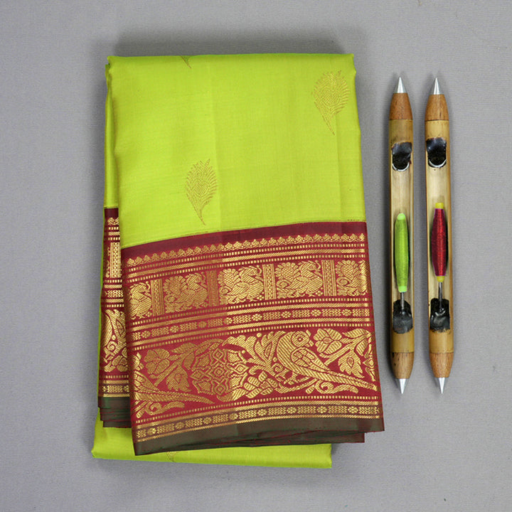 Hayagrivas Handloom Fluorescent Green Kanjivaram Silk Saree with Wine Pink Border KBF832H6-1