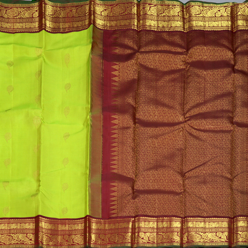 Hayagrivas Handloom Fluorescent Green Kanjivaram Silk Saree with Wine Pink Border KBF832H6-1
