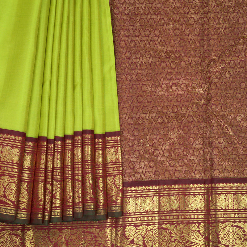 Hayagrivas Handloom Fluorescent Green Kanjivaram Silk Saree with Wine Pink Border KBF832H6-1