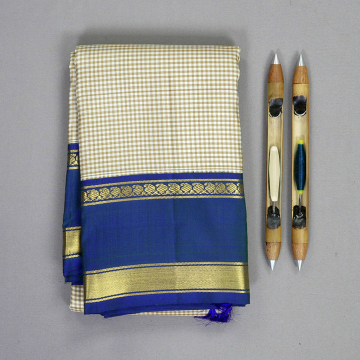 Hayagrivas Handloom Off-White &amp; Beige Checks Kanjivaram Silk Saree with Mayilkazhuthu Border KBF832H7-1