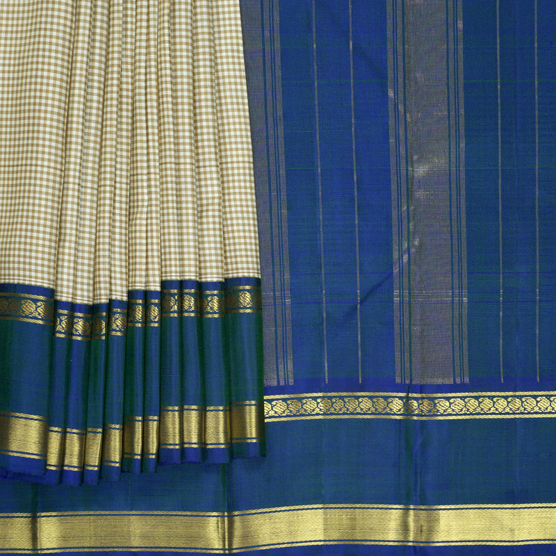 Hayagrivas Handloom Off-White &amp; Beige Checks Kanjivaram Silk Saree with Mayilkazhuthu Border KBF832H7-1