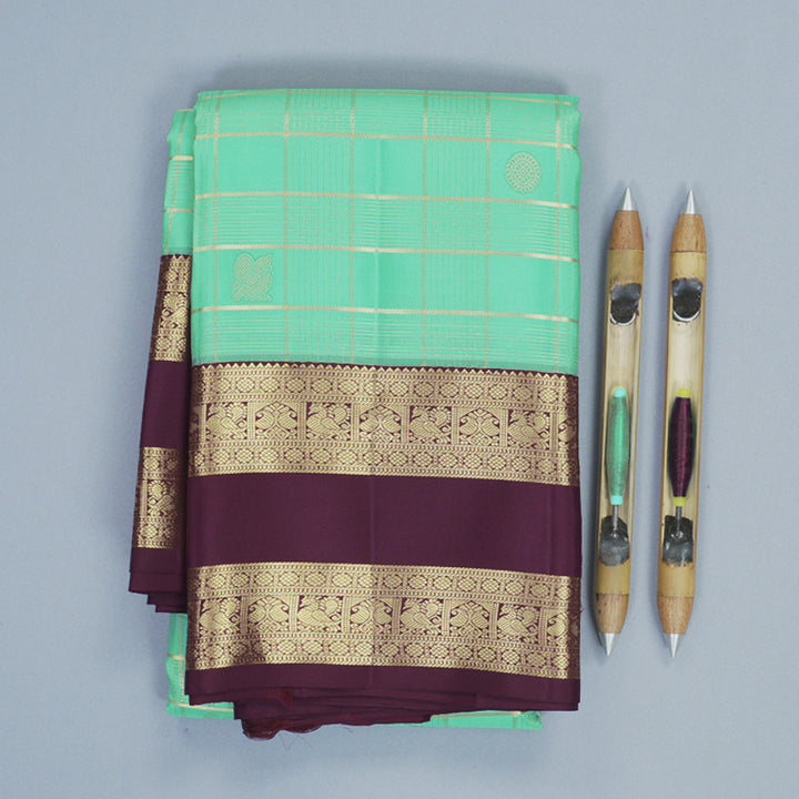 Hayagrivas Handloom Sea Green Kanjivaram Silk Saree with Plum Purple Border KBF835H19-1